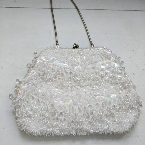Vintage Fringe Beaded Purse Bag Party 60s Wedding Bridal - Picture 6 of 6